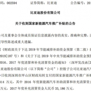 比亚迪收近35亿元新能源补贴 超其2018年利润总和